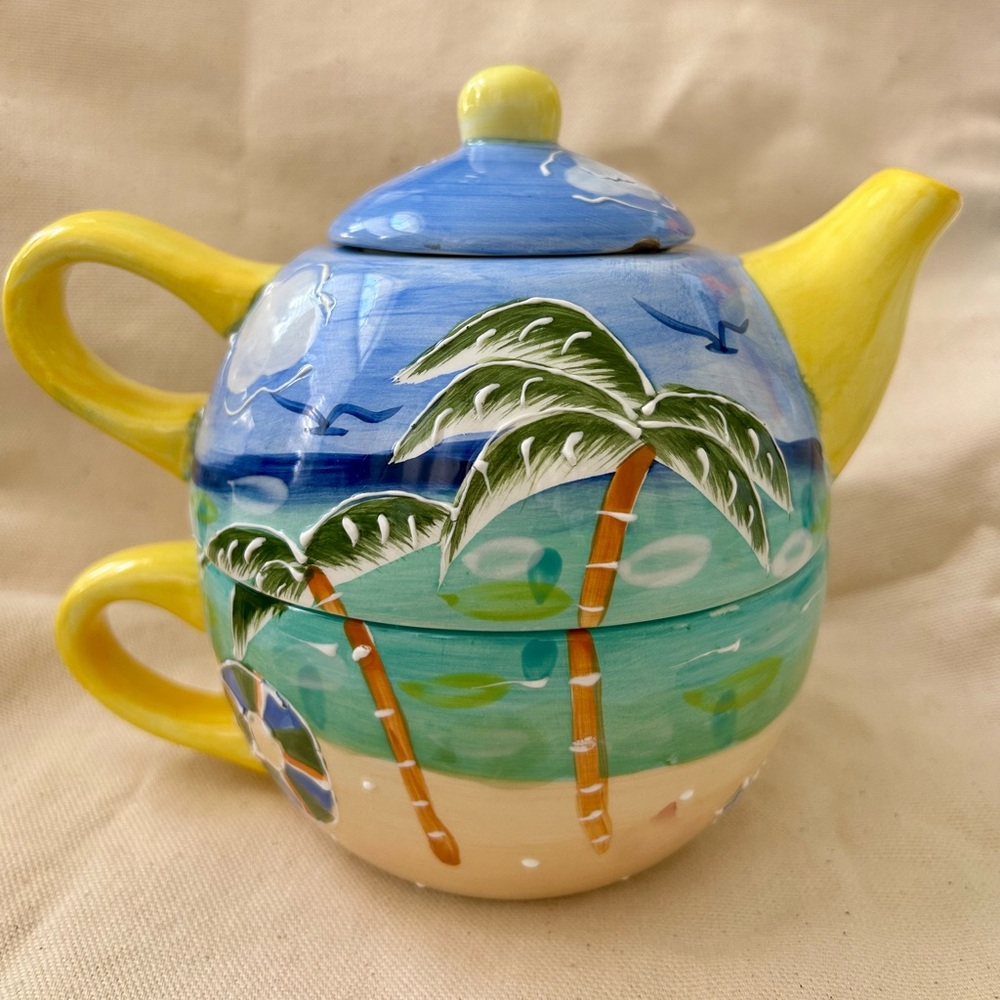 Tropical Beach Scene Hand-painted Ceramic Tea-for-One Set - Picture 2 of 5